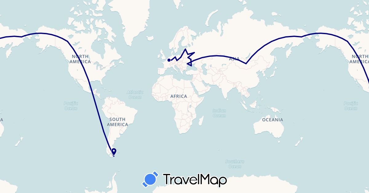 TravelMap itinerary: driving in Argentina, Belgium, Belarus, Canada, Czech Republic, Germany, Estonia, Moldova, Mongolia, Poland, Russia, Ukraine, United States (Asia, Europe, North America, South America)